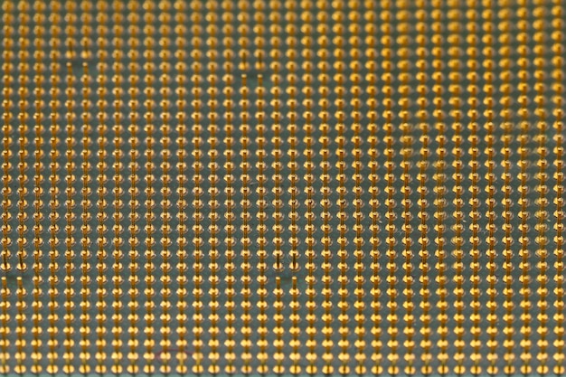 Macro de los pines de oro de la CPU y el chip de la computadora