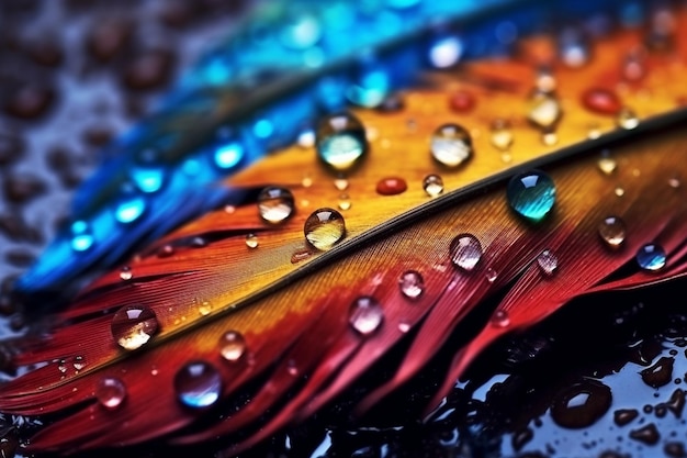Macro de plumas coloridas con gotas de rocío Visión abstracta