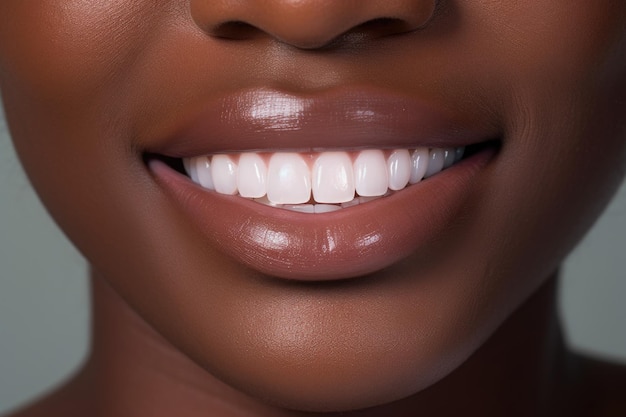 Macro primer plano de la boca femenina africanaBoca abierta que muestra dientes blancos perfectos