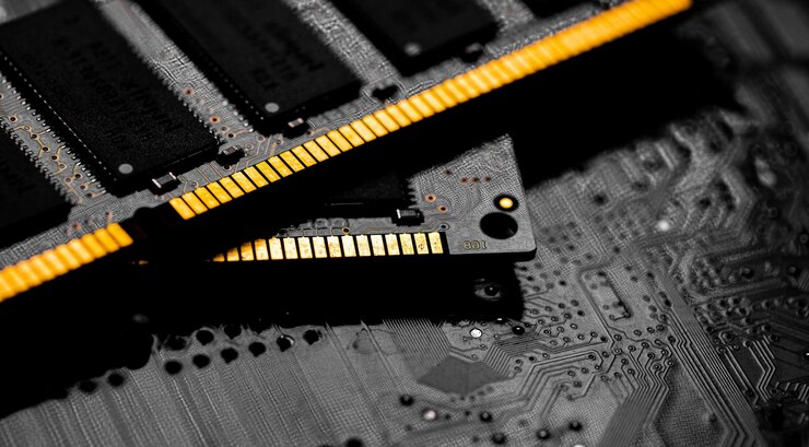 Foto macro primer plano del chip ram del ordenador y de la placa base