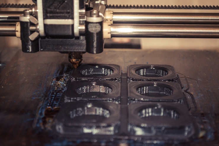 Foto macro de primer plano de figura de impresión de impresora 3d moderna. la impresora 3d tridimensional automática realiza el modelado de plástico en laboratorio.