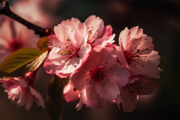 Macro de primer plano de flores de cerezo rosa