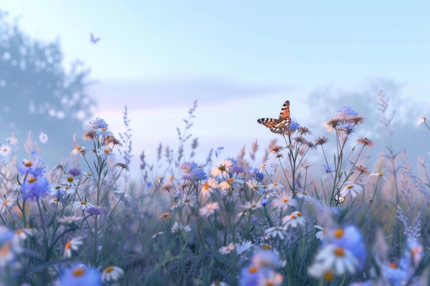 Macro primer plano de flores silvestres y mariposas en la naturaleza