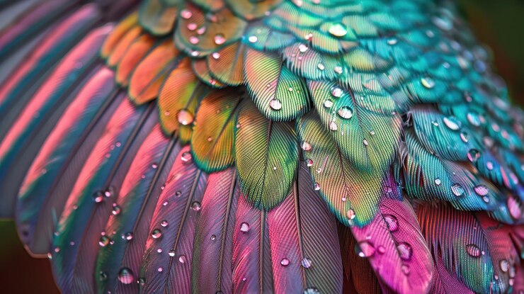 Un macro de primer plano una pluma de pájaro colorida con gotas de agua que resaltan los detalles intrincados
