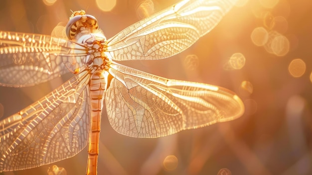Macro sereno de asas de libélula fundo apagado luz dourada