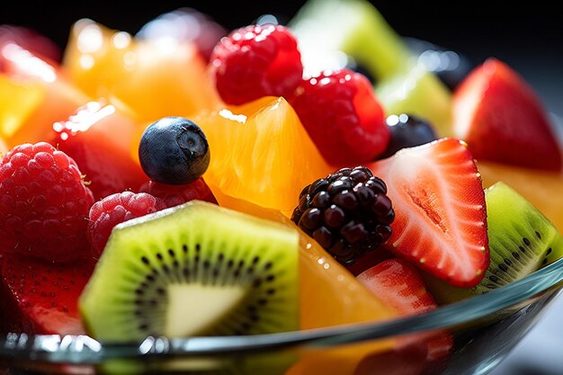 Macro shot de frutas variadas em uma tigela de salada de frutas