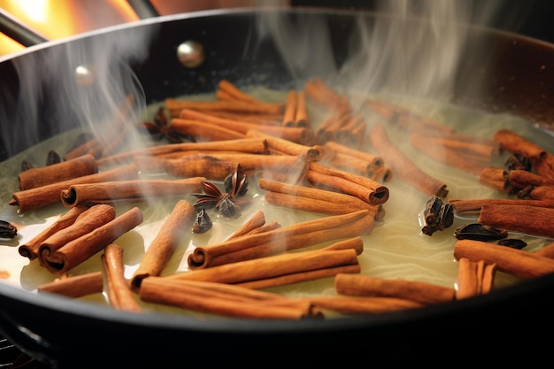 Foto macro shot de kheer fervendo em um fogão com vagens de cardamomo