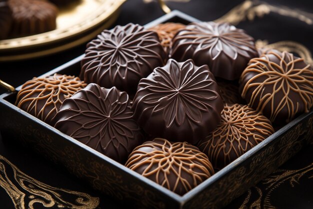 Macro shot de trufas de chocolate dispostas em uma caixa decorativa