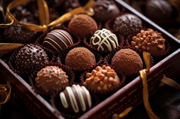 Macro shot de trufas de chocolate dispostas em uma caixa decorativa