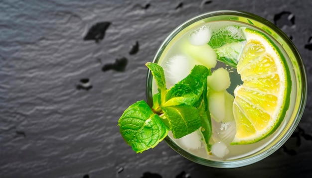 Macro-Shot-Glas von Mojito mit geschnittener Limette und Minze auf schwarzer Steinoberfläche