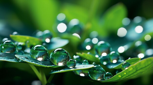 Macro Shot gotas de rocío en la hierba verde iluminada por el sol