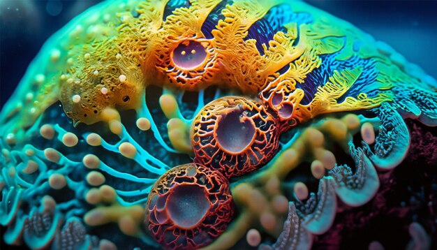 Foto macro subaquática revela padrões multicoloridos de vida marinha