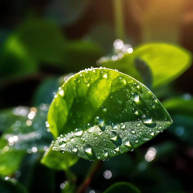 Macro tiro de folhas verdes com gotas de água orvalho ou chuva cair sobre eles Floresta de natureza de folha verde