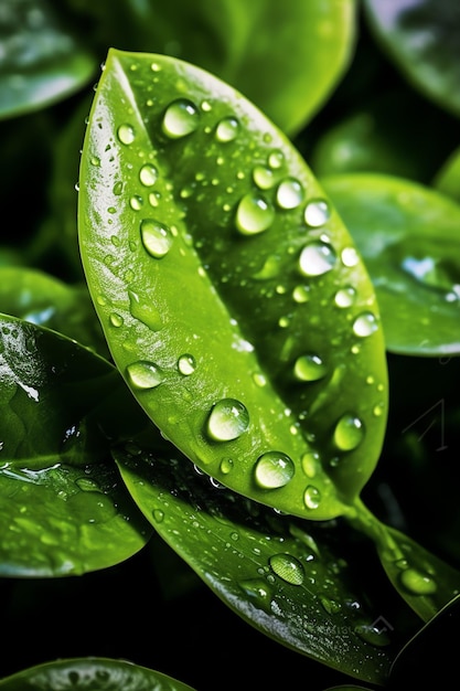 Macro tiro de folhas verdes com gotas de água orvalho ou chuva cair sobre eles Floresta de natureza de folha verde