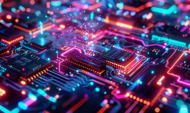 Macro visão de uma placa eletrônica de computador futurista em um fundo digital ideal para a pesquisa de IA