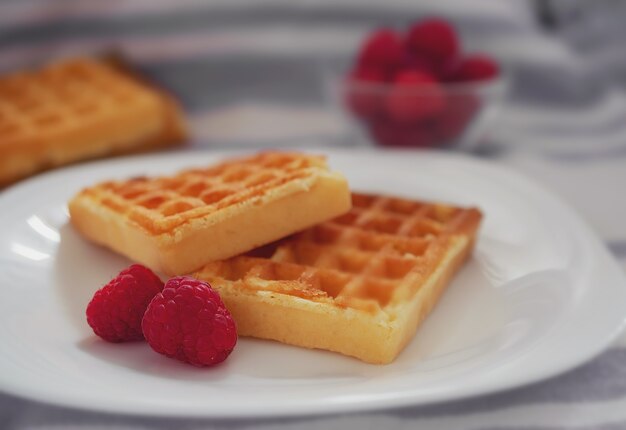 macrofotografia de waffles com framboesas