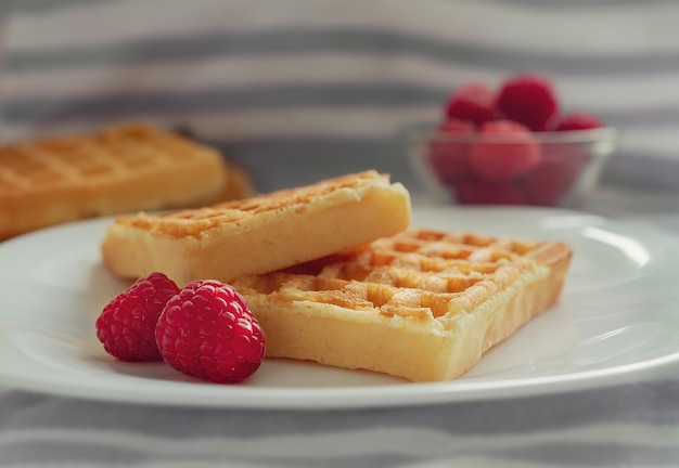 macrofotografia de waffles com framboesas