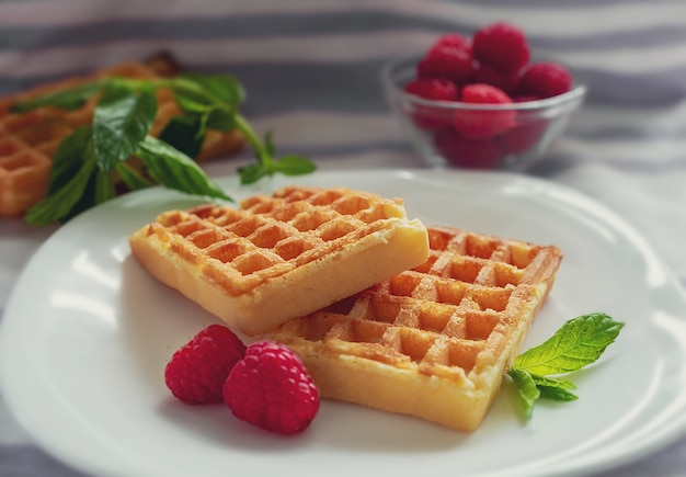 macrofotografia de waffles com framboesas