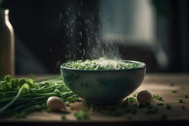 Macrofotografía Gourmet Elegance de cebollino picado que adorna a la perfección una sabrosa crepe