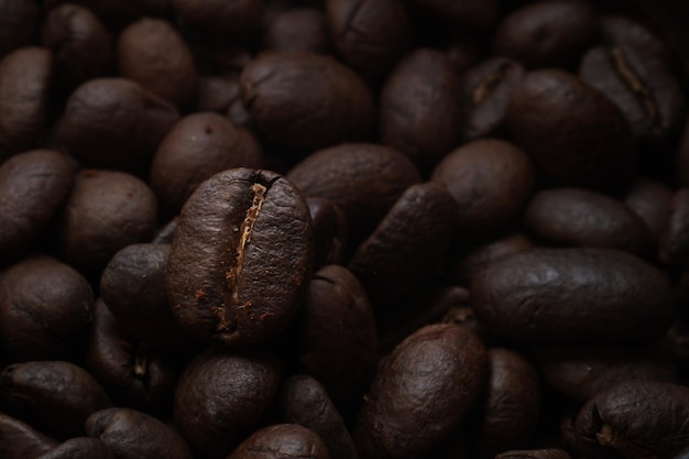 Macrofotografía de granos de café Primer plano de café Telón de fondo publicitario para cafetería o restaurante