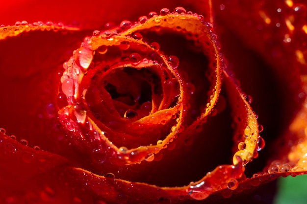 Macrofotografía de una rosa con gotas de agua. Flor de cerca con salpicaduras de agua