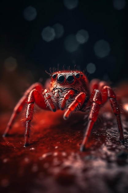 Macrografía de araña roja sobre una roca IA generativa