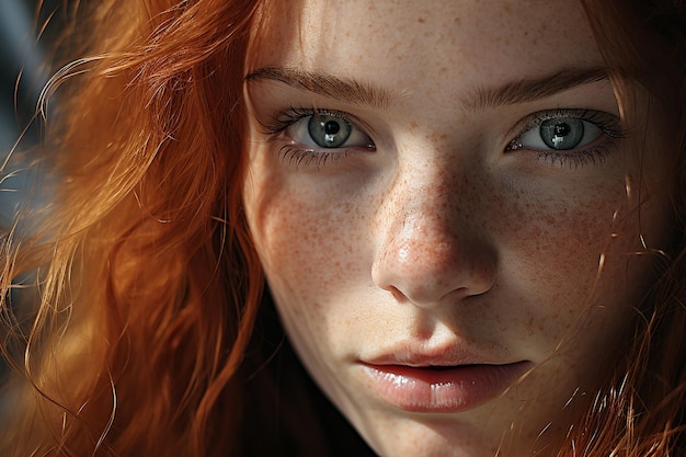 Foto macroscopio piel pálida de una niña joven con pecas y cabello rojo brillante