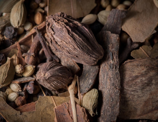 Macroshot na mistura de especiarias não moídas garam masala