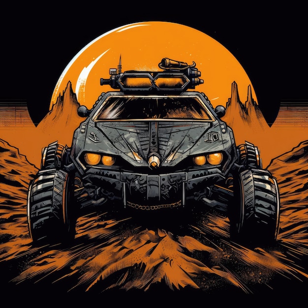 Mad Max Auto T-Shirt Poster Tattoo druckbares Design Vektor Mockup Fantasy schwarzer Hintergrund Wandkunst