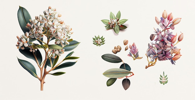 Madar (Calotropis Gigantea). Ilustração botânica em papel branco. As melhores plantas medicinais, suas