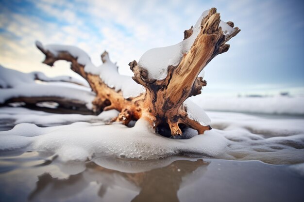 Foto madeira à deriva na neve com ondas geladas a espalhar-se
