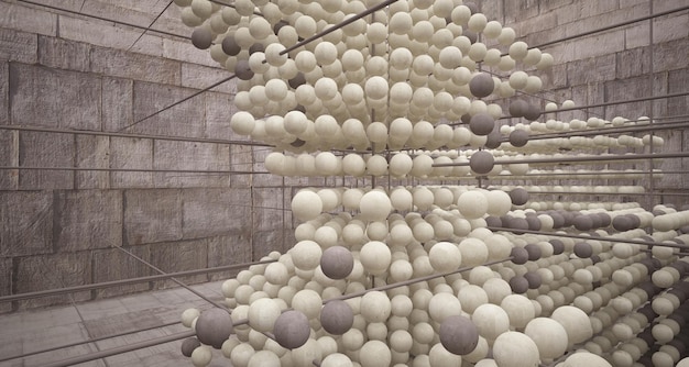 Madeira arquitetônica abstrata e interior de vidro de uma variedade de esferas com grandes janelas 3D