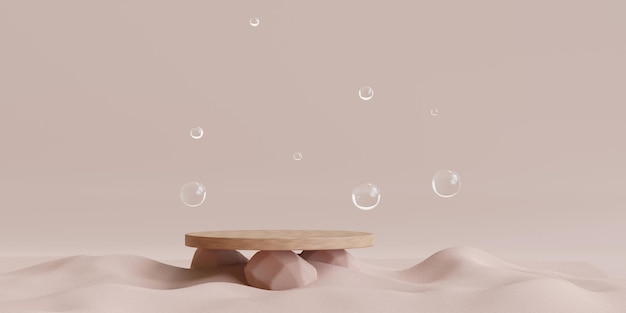 Madeira arredondada na areia para apresentação do produto relaxamento de pedestal de beleza natural e ilustração 3d de saúde
