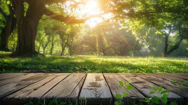 Madeira de mesa Pódio na fazenda para exibição de alimentos perfumes e outros produtos em fundo natural Mesa na fazenda com grama Luz do sol pela manhã