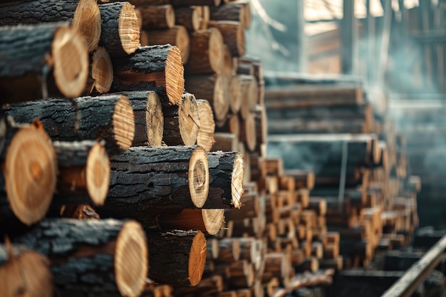 La madera apilada en el molino de madera