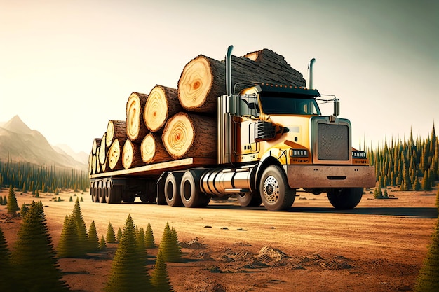 Madera de árboles talados en camiones en el concepto de industria del país