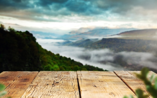 Madera con bosque de niebla en la montaña