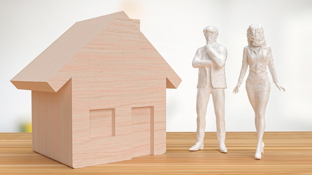 La madera de la casa y la figura en la mesa para el concepto de propiedad o finca 3d renderingxA