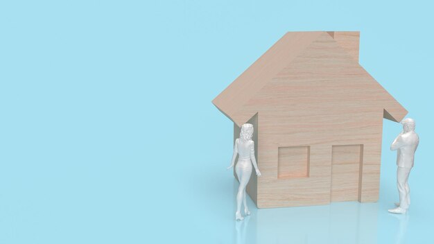 La madera de la casa y la figura sobre fondo azul para la representación 3d del concepto de propiedad o finca