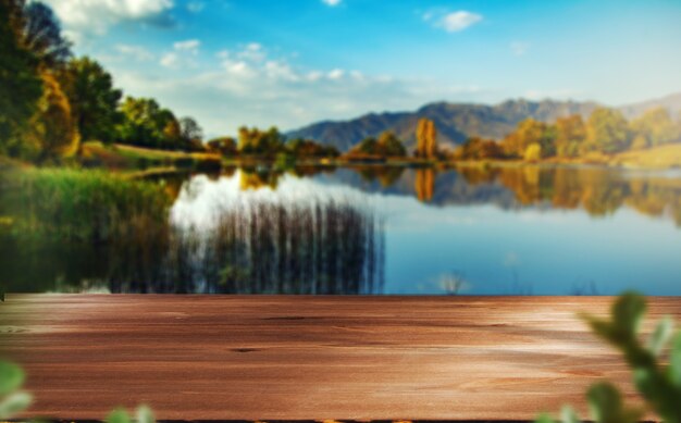 Madera con lago y bosque.