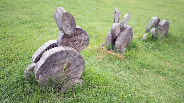 La madera se recorta a la forma deseada. Los conejos son de madera sobre hierba.