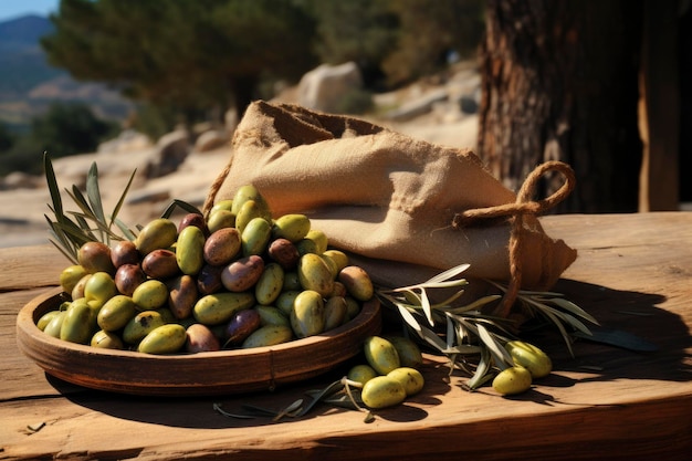 Madera rústica de aceitunas frescas