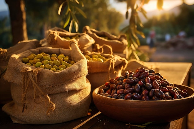 Madera rústica de aceitunas frescas