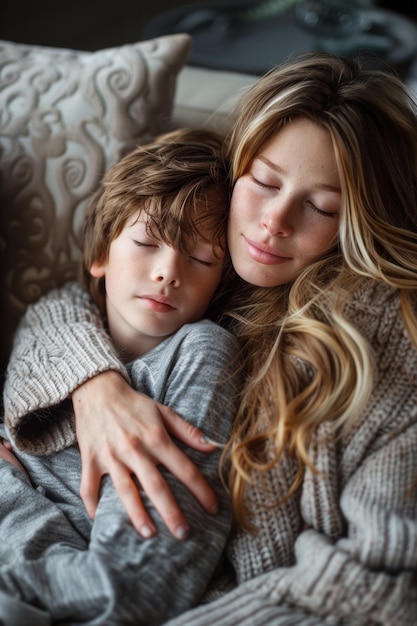 Una madre abrazando a su encantador hijo en un abrazo amoroso en un sofá compartiendo un tierno momento de conexión concepto de maternidad