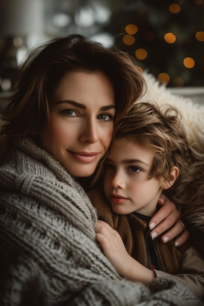 Una madre abrazando a su encantador hijo en un abrazo amoroso en un sofá compartiendo un tierno momento de conexión concepto de maternidad