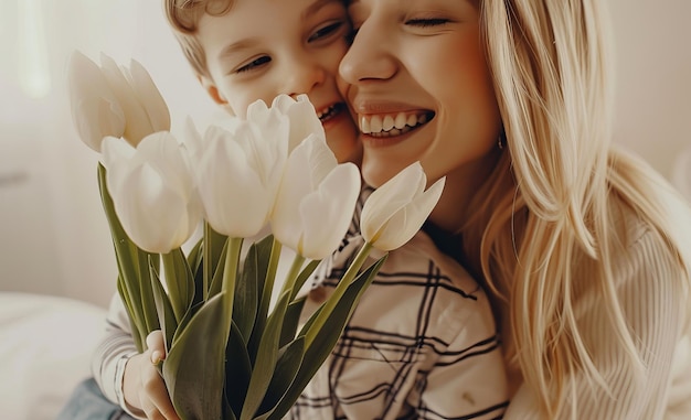 Una madre abrazando a su hijo en el día de la madre con un ramo de flores