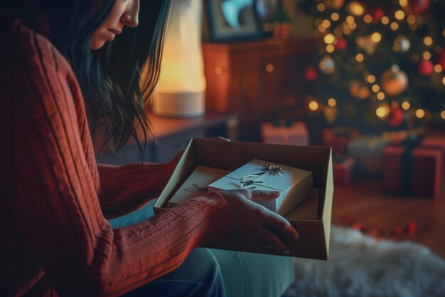 Una madre abriendo una caja de memes familiares personalizados