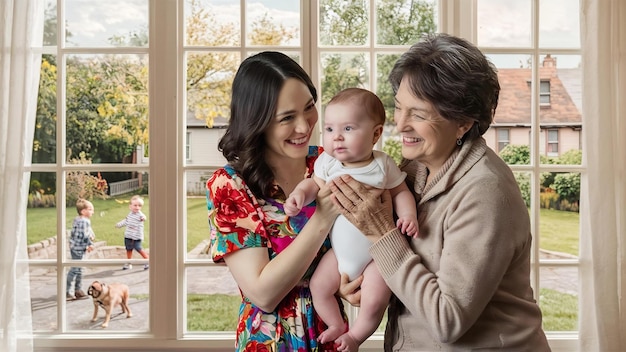 Madre y abuela con el bebé frente a la ventana