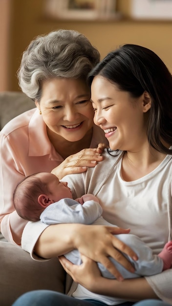 Madre y abuela mirando al bebé