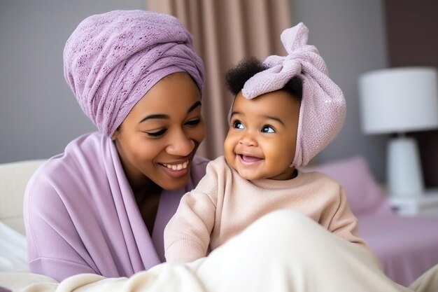 La madre africana abrazando a la niña con una cita